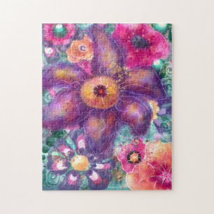 Jigsaw Puzzle Whimsical Floral Abstrait Art Turquo