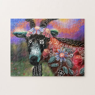 Jigsaw Puzzle - Whimsical Floral Goat Abstrait Art