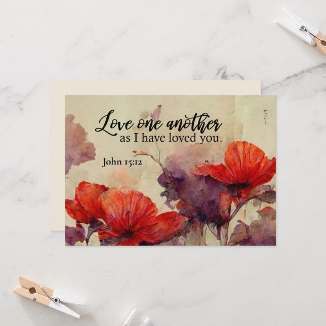 John 15:12 Love Bible Verse Red Floral Flat Card (Devant/Arrière en situation)