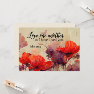 John 15:12 Love Bible Verse Red Floral Flat Card