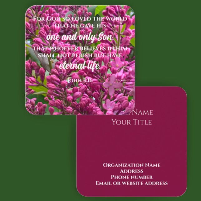 John 3:16 Texte personnalisé de la carte d'écritur (John 3:16 Bible scripture verse cards on floral lilac photo. Elegant custom script business cards.
)