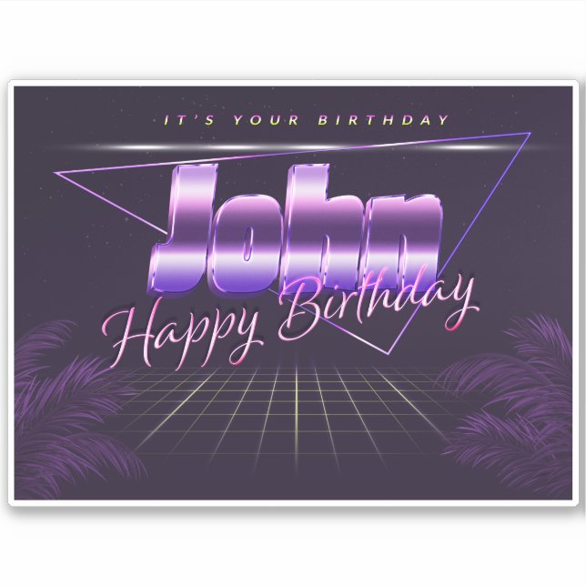 John Nom Prénom autocollant rétro lilas Anniversai (Devant)