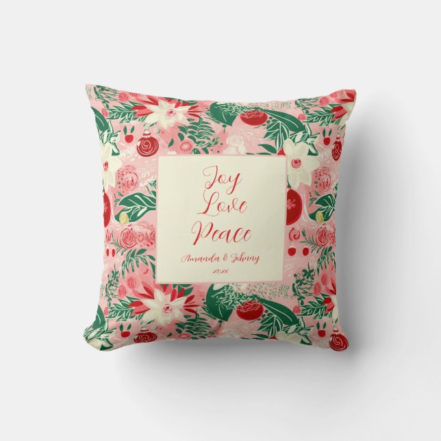 Joie Amour Paix Rose Rouge Floral Jeu Oreiller (Recto)