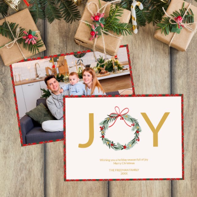 JOIE Wreath Photo Carte de Noël avec réglage Plaid (Joy Typography Christmas Card)