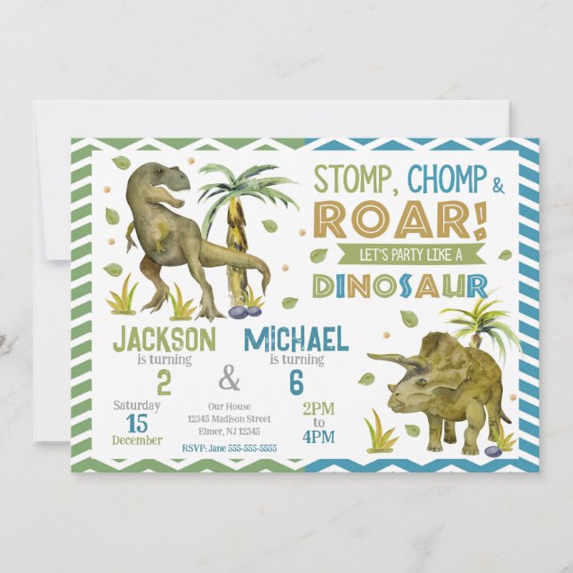 Joint Dinosaurs Siblings Birthday Invitation (Devant)