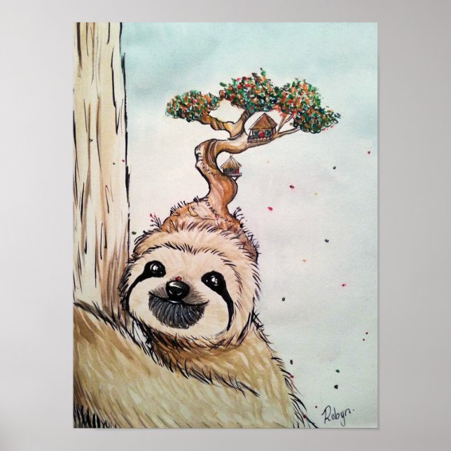Joli animal Sloth avec Bonsai Tree house Poster (Devant)