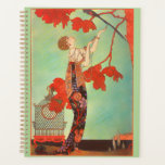 Joli Art Nouveau français Cage à oiseaux perroquet<br><div class="desc">Plongez dans l'élégance poétique des années 1920 avec ce chef-d'œuvre Art nouveau époustouflant. Cette illustration vibrante met en scène une dame sophistiquée vêtue d'une robe fleurie somptueuse tendant la main vers un oiseau coloré, avec une cage à oiseaux ornée à proximité. Le contraste saisissant entre le fond sarcelle menthe et...</div>