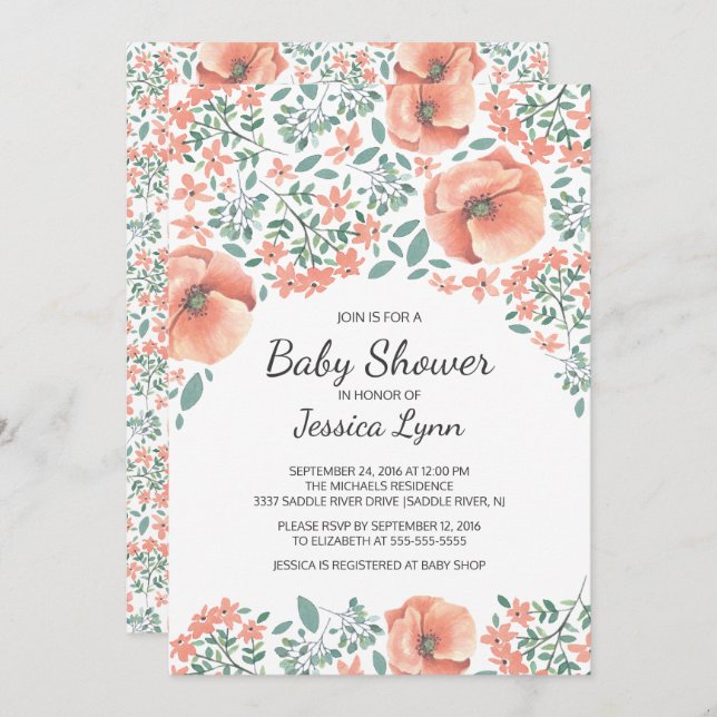 Joli Baby shower Fleurs de Pêche Invitation (Devant / Derrière)