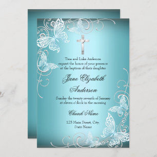 Joli Baptême Bleu Swirl & Cross Baptism Invitation