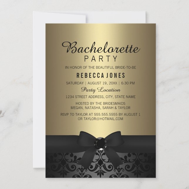 Joli Black & Gold Bow Invitation de la partie de b (Devant)