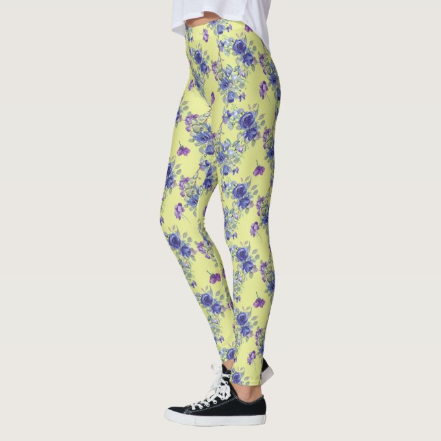 Joli bleu aquarelle Fleurs sur Leggings Jaunes (Gauche)