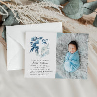 joli bleu florales Baptême photo invitation