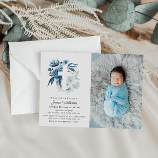 joli bleu florales Baptême photo invitation