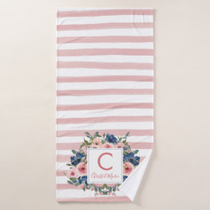Joli Blush rose rayures Marine bleu floral Monogra