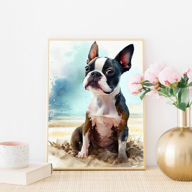 Joli Boston Terrier sur la plage Impression d'art  (Créateur téléchargé)