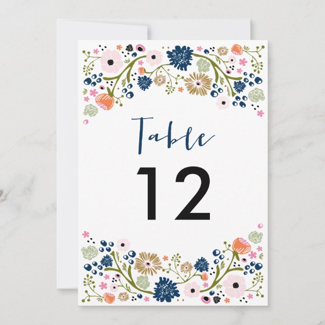 Joli Bouquet Mariage Table Numéro Invitation Navy (Devant)