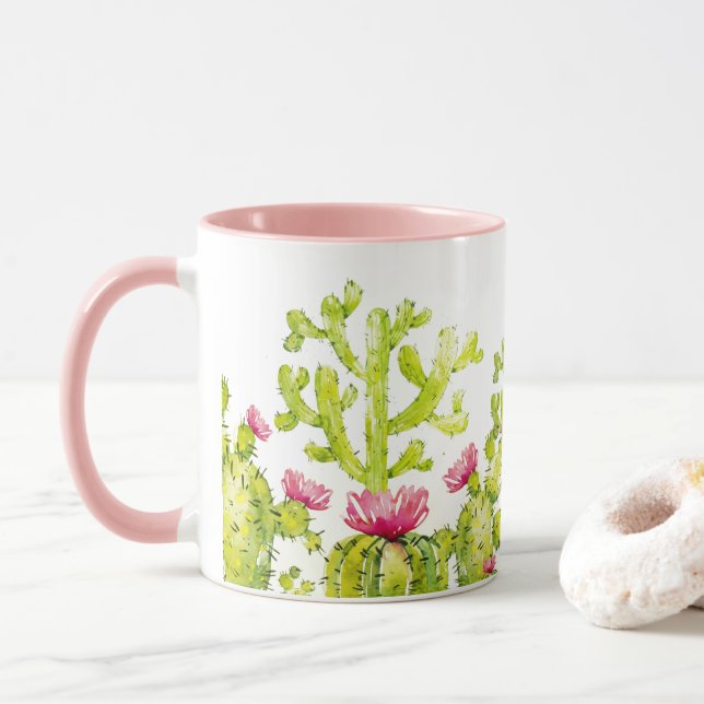 Joli Cactus de Désert avec Mug à Café à Fleur Rose (Avec donut)