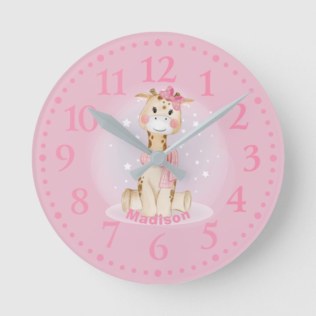 Joli Cadre Girafe Féminin Horloge Ronde Rose (Recto)