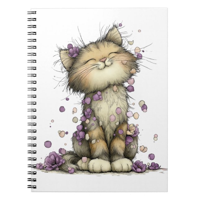 Joli cahier à spirale floral violet avec chat, fan (Devant)
