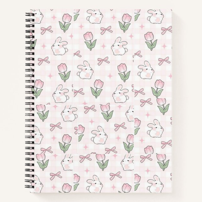 Joli cahier lapin et tulipe avec ruban rose (Devant)