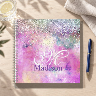 Joli cahier monogrammé à paillettes argentées irid