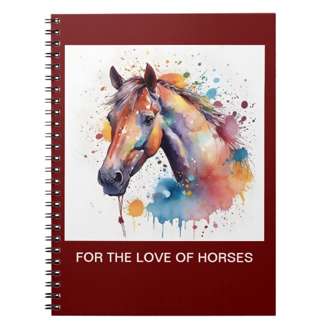 Joli carnet en spirale de cheval aquarelle. (Devant)