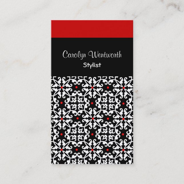 Joli Carte de visite noir, blanc et rouge Damask (Devant)