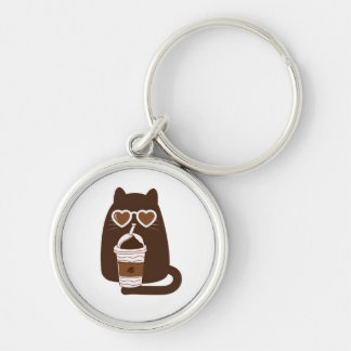 Joli Chat Buvant un Café Glacé Porte-Clés en Argen