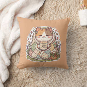 Joli Chat Calico Restez Cosy Cottagecore Coussin d