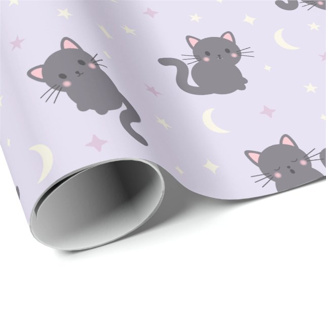 Joli Chat Gris Papier Cadeau Violet (Coin rond)