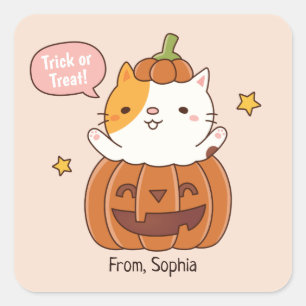 Joli Chat Halloween En Sticker Citrouille sculpté