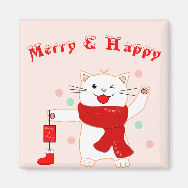 Joli Chat Joyeux & Heureux | Joli Magnet de Noël (Devant)
