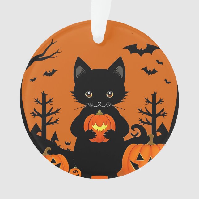 Joli Chat Noir avec des Citrouilles d'Halloween (devant)