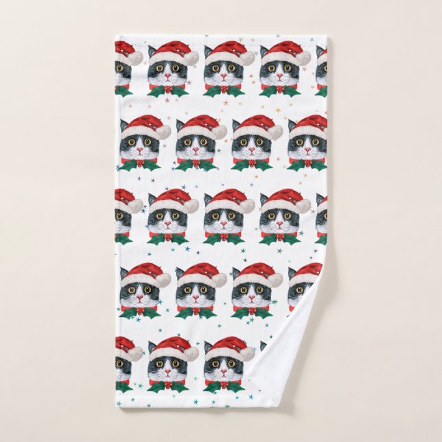 Joli chat noir et blanc avec chapeau de Père Noël  (Serviette à main)