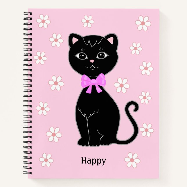 Joli chat noir et fleurs sur un cahier rose clair (Devant)
