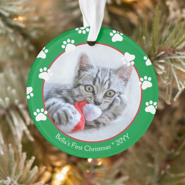 Joli chat premier Noël empreintes de pattes vertes (Arbre)