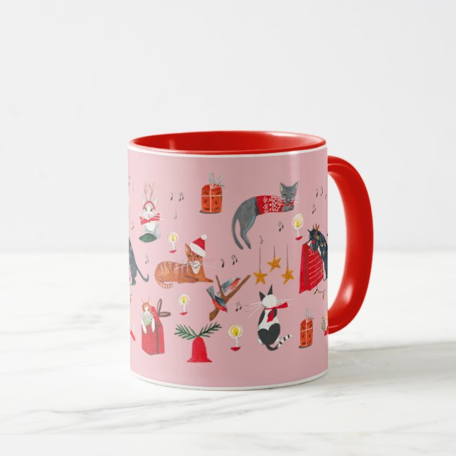 Joli chat retro rose motif de Noël Mug (Devant droit)
