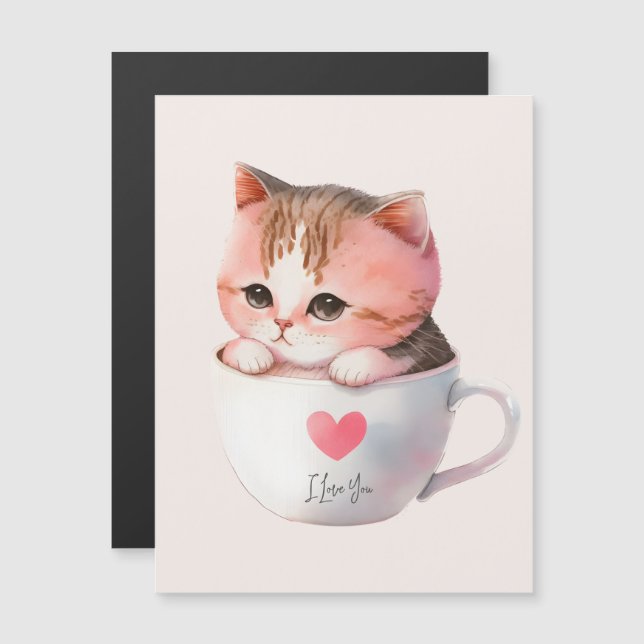 Joli Chat Rose-Blanc dans une Tasse à Thé (2) (Devant / Derrière)