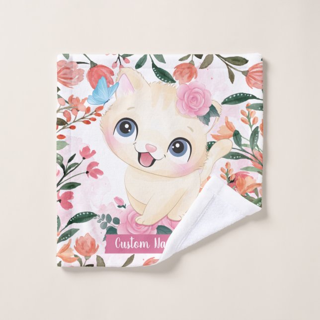 Joli Chat Roses Roses Blush Fleurs Nom Personnalis (Gant de toilette)