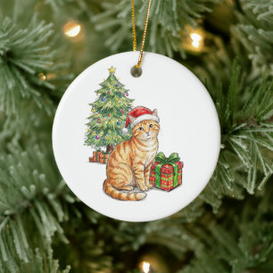 Joli Chat Roux Chapeau de Père Noël Ornement de No