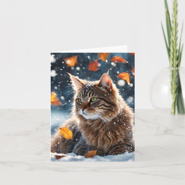 Joli chat tabby gris Automne Feuilles Carte vierge (Devant)