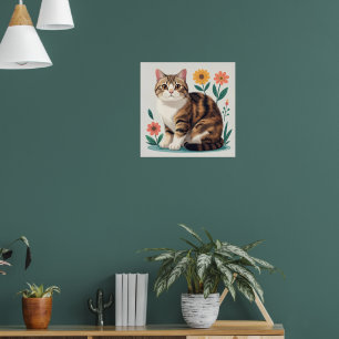 Joli Chat Tigre Affiche d'Art Populaire Floral F