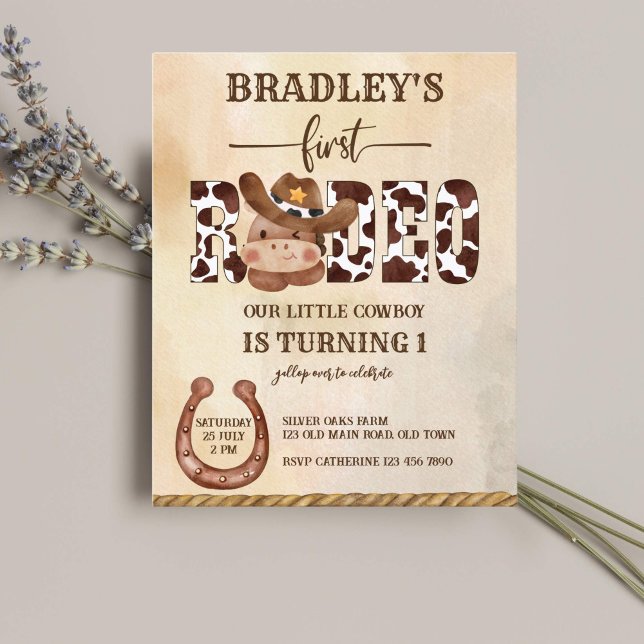 Joli cheval rodéo cowboy anniversaire budget invit (Cute baby cowboy horse first rodeo birthday western invitation template cow pattern sript)