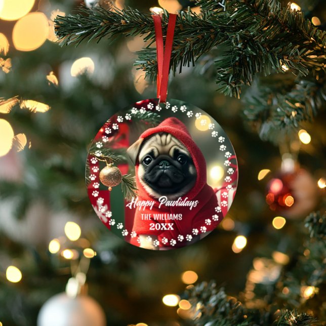 Joli chien de Noël Joyeux ornement photo de Noël (Cute First Christmas pug pet dog photo ornament)