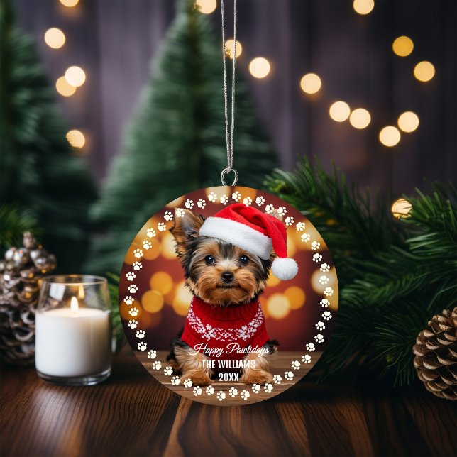 Joli Chien de Noël Joyeux Vacances 2 faces 2-Photo (Cute Christmas Pet Dog Yorkshire Terrier Photo Ornament)