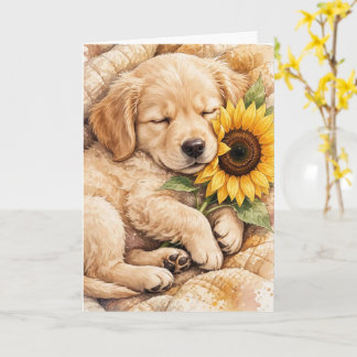 Joli chien dormant avec une carte vierge tournesol
