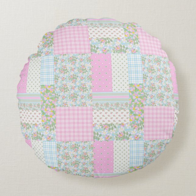 Joli chien rose Rose Faux Patchwork Round Coussin (Devant)