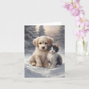 Joli chiot et chaton en blanc neige Carte de voeux