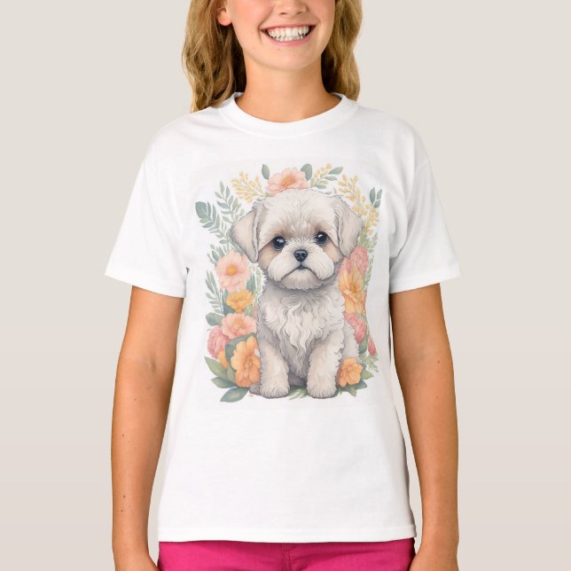 Joli chiot maltais avec T-shirt Fleurs d'été (Devant)