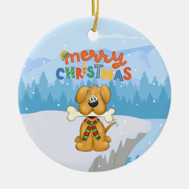 Joli chiot os Neige de Noël Ornement en céramique (Devant)